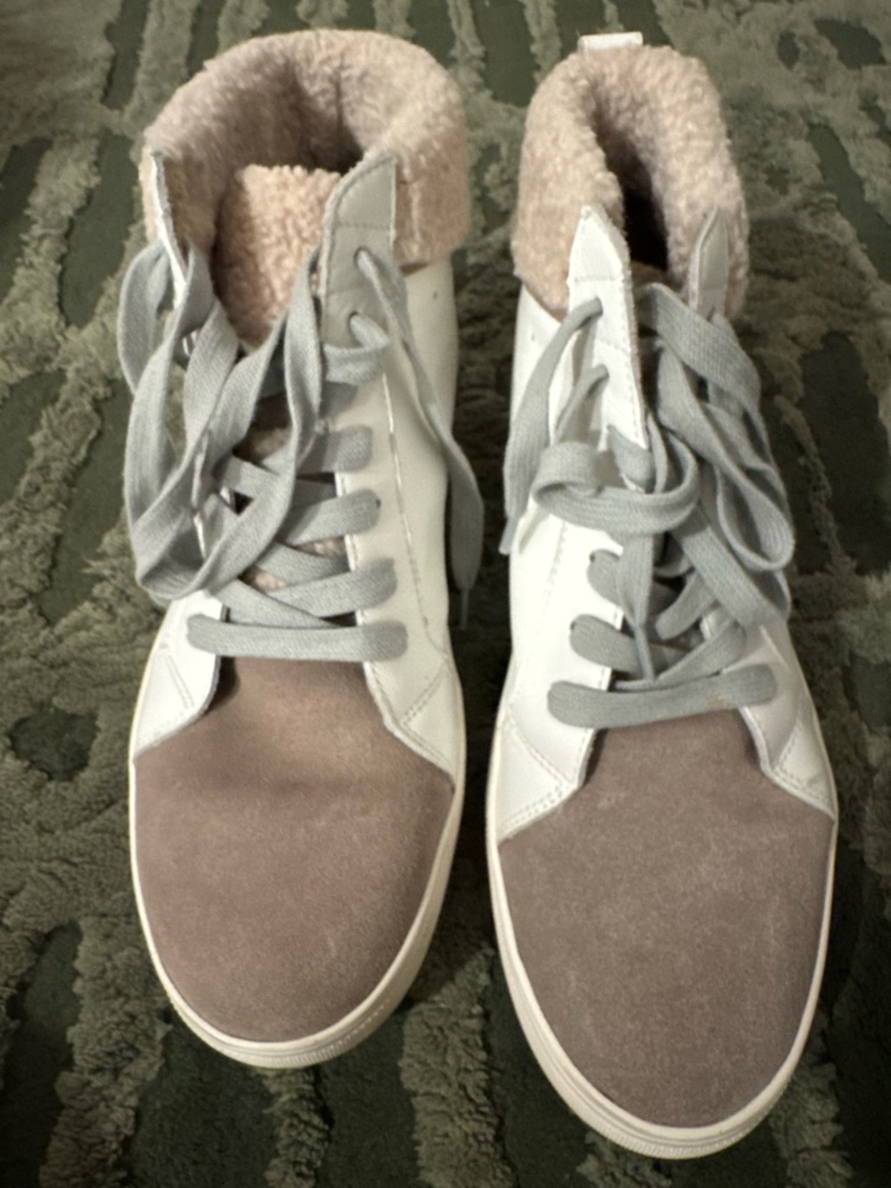 Blondo Taupe and White Lace-Up Shearling Collar Boots